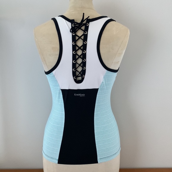 BEBE Capri blue colour blocked athletic tank, bralette, zip front & lace up back - Picture 5 of 14